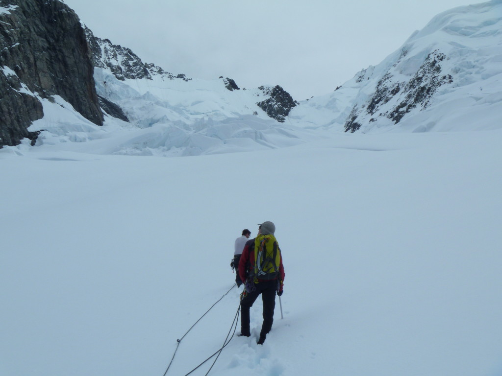 Roped up, crossing the Plateau glacier heading for the Linda Glacier