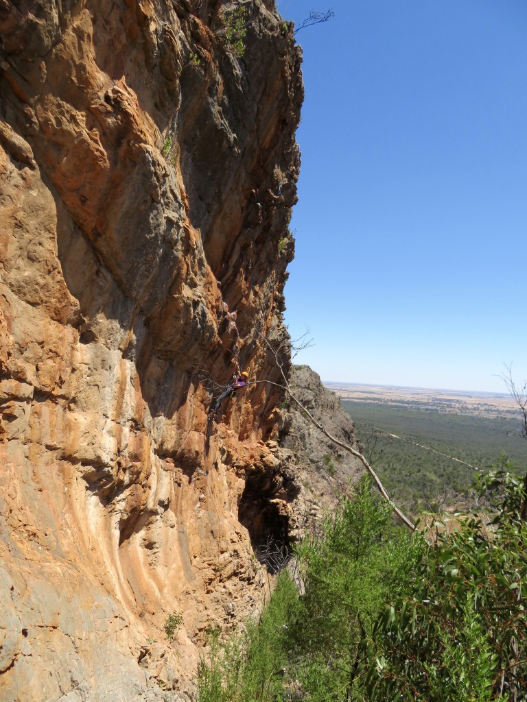 Angelina attempts 'Holy Human Fly' (21*) - judged the trickiest route at the crag by consensus.