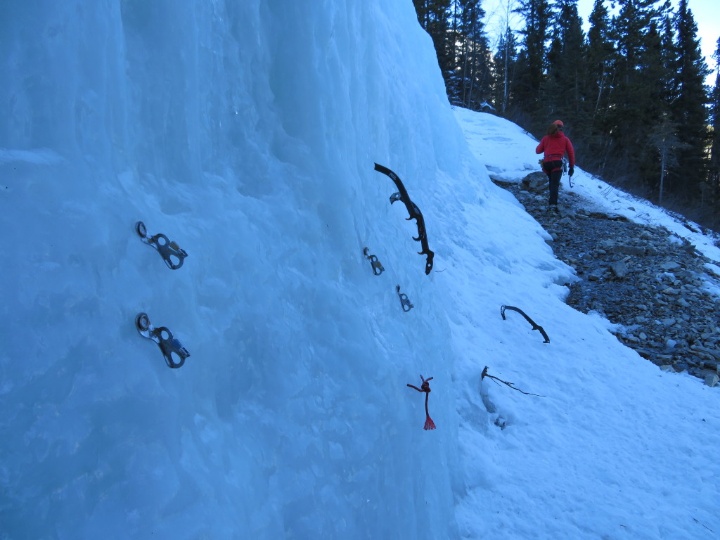 Learning to ice climb means repetition, repetition, repetition...of placing ice screws and constructing V-thread anchors, so that one can do these things without thinking when on lead.