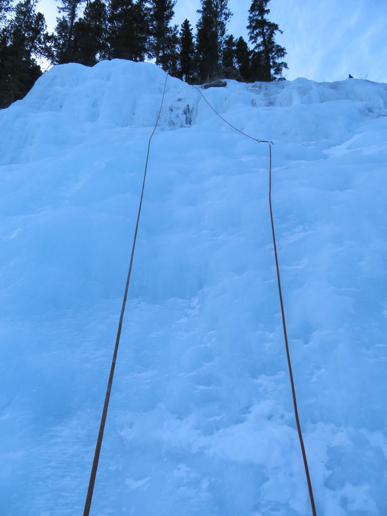 The line we used for my movement coaching. "Hang off your tool! Stick your butt out! Walk the feet up, and level the feet before standing up! Thrust the hips in, keep the heals down!" A-frame climbing technique is not intuitive at first, but is absolutely essential for climbing steep Canadian ice. Brent's coaching was great.