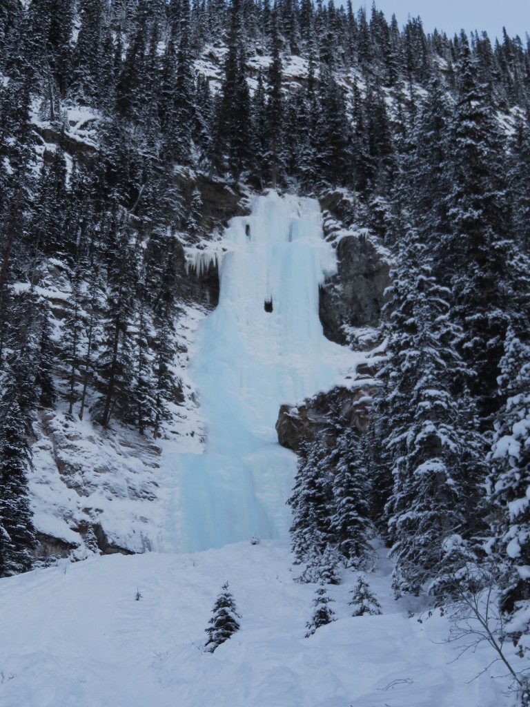 Looking up at the route, Patrick and I started on the righthand side, and ascended the central pillars just to the right of the ice cave visible in the upper third of the falls.