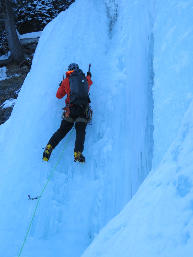 Patrick leading the 4th and final pitch. This pitch was wet with flowing water, which dripped onto our jackets and helmets and froze in the sub-zero temperatures. A good day for a hard shell outer layer.
